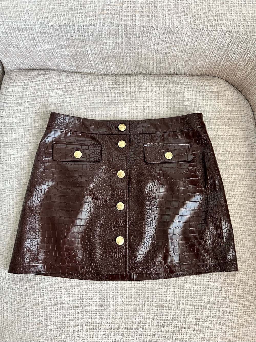 J. Crew Croc-Embossed Dark Brown Button-Front Mini Skirt
